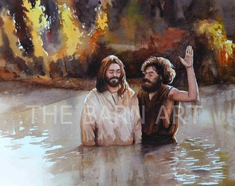 Baptism of Jesus Christ/ Jesus and John the Baptist/Biblical scenes in watercolor/ New testament scenes/ Christmas gift