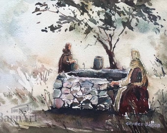 Woman at the Well  Watercolor , Jesus and the  Living Water Biblical Art, Framed Religious Wall Decor, Samaritan Woman Collector Print