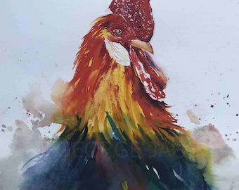 May include: Watercolor painting of a rooster with a red, yellow, and green comb and wattle. The rooster's feathers are a mix of black, green, and red. The background is a light gray with watercolor splatters.