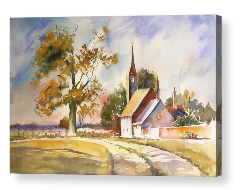 May include: Watercolor painting of a small village with a church, a tree, and a winding road. The sky is a soft blue with white clouds. The buildings are painted in shades of white, red, and brown.