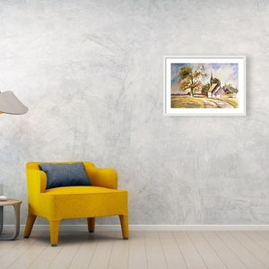 May include: A watercolor painting of a country scene with a church building, a tree, and a path leading to the church.