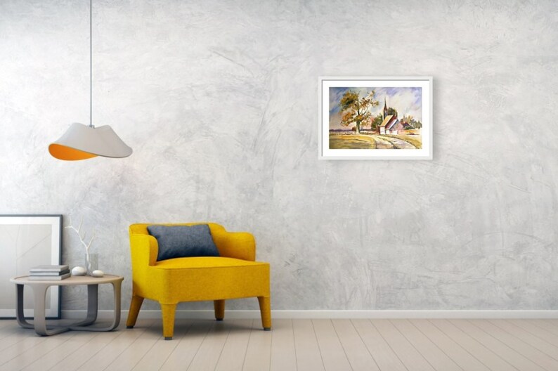 May include: A watercolor painting of a country scene with a church building, a tree, and a path leading to the church.