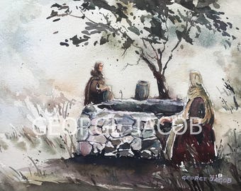 Jesus and the Samaritan woman, The Samaritan Woman at the Well, Christian Biblical Art, Living Water Scene Pure Watercolor by George Jacob