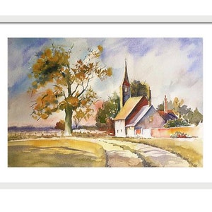 May include: Watercolor painting of a small village with a church, a tree, and a dirt road leading to the church. The sky is a light blue with white clouds. The church is red and white with a tall steeple. The tree is yellow and orange with green leaves. The road is brown and dusty.