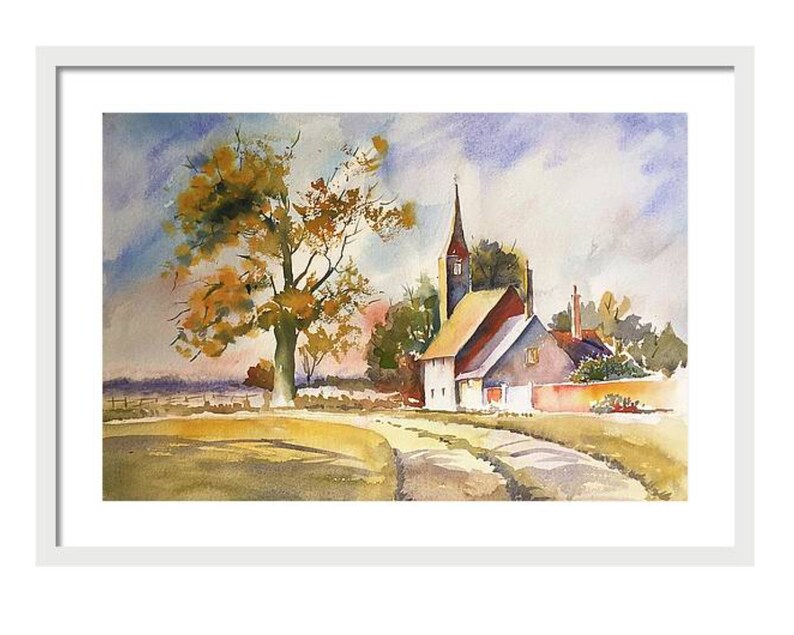 May include: Watercolor painting of a small village with a church, a tree, and a dirt road leading to the church. The sky is a light blue with white clouds. The church is red and white with a tall steeple. The tree is yellow and orange with green leaves. The road is brown and dusty.