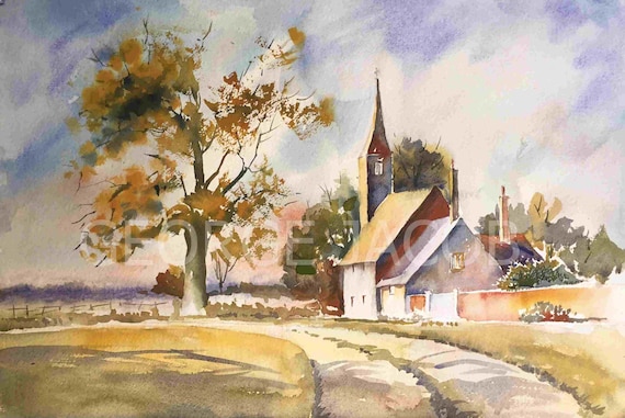 Church watercolor/ historic church Paintings/ country churches scene/Old chapel paintings/Wedding venue paintings