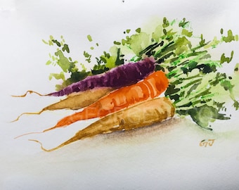 May include: Watercolor painting of a bunch of carrots with green leafy tops. The carrots are a mix of orange, purple, and yellow.
