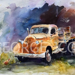 Vintage truck and cars in watercolor/ Barn painting/Rural watercolor art/ Farm decor