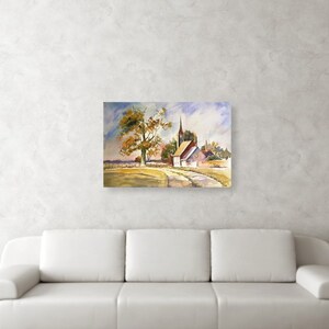 May include: Watercolor painting of a small village with a church steeple, a tree with yellow leaves, and a dirt road leading to the village.