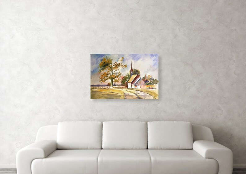 May include: Watercolor painting of a small village with a church steeple, a tree with yellow leaves, and a dirt road leading to the village.