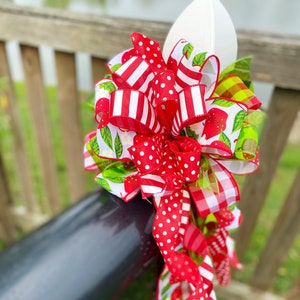 Apple Bow in Green, Red, & White Multi-pattern. Perfect for Mailbox, Door, and Wreath.