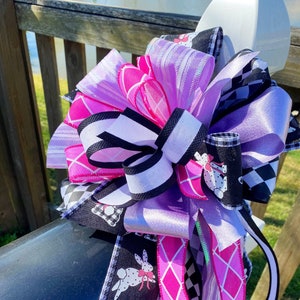 Easter Bow in Pink, Black, & Lavender Featuring Bunnies. Perfect for Mailbox, Door, and Wreath.