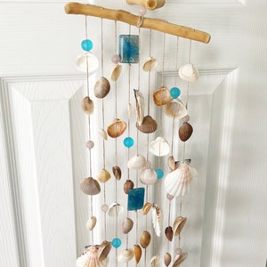 May include: A seashell wind chime with driftwood and blue glass beads. The chime features a variety of seashells in different sizes and shapes, as well as small pieces of driftwood.
