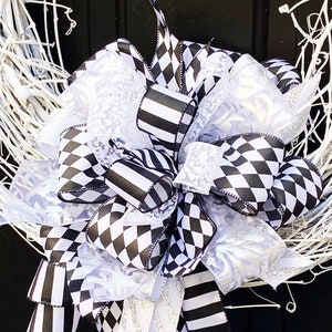 Black and White Argyle Wired Ribbon Bow: Wreath or Mailbox Decor