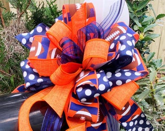 Orange & Navy Football Bow: Sports Decor, Wreath Accent