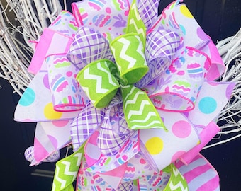Easter Bow in Lilac, Green, and Pink Featuring Multipattern and Easter Egg Ribbon. Perfect for Mailbox, Door, and Wreath.