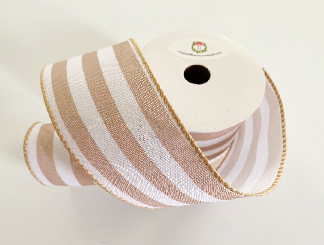 Ribbon - Beige and White Stripe Ribbon - 2.5 Inches X 10 Yards Wired ...