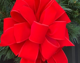 赤いベルベットのワイヤーエッジリボンボウ：リース、メールボックス、ツリートップ