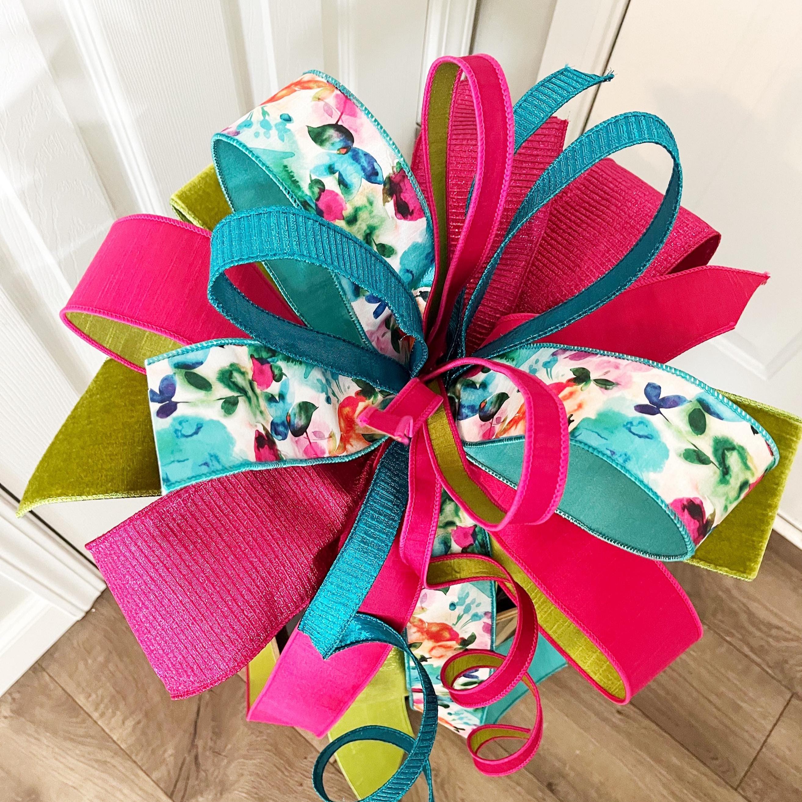 Luxury Floral Bow: Teal, Pink, and Green Wired Ribbon - Etsy