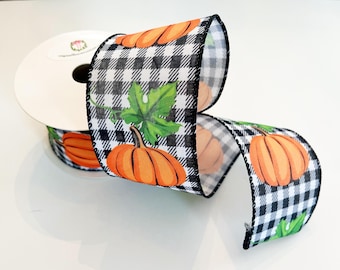 Pumpkin Gingham Wired Ribbon - Orange, Black, and White - 2.5" x 10 Yards