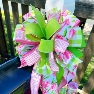 Spring Bow in Pink & Green Featuring Tulip Ribbon. Perfect for Mailbox, Door, and Wreath.