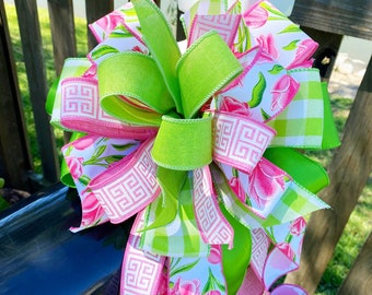 Spring Bow in Pink & Green Featuring Tulip Ribbon. Perfect for Mailbox, Door, and Wreath.