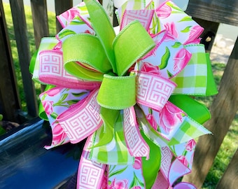 Spring Bow in Pink & Green Featuring Tulip Ribbon. Perfect for Mailbox, Door, and Wreath.