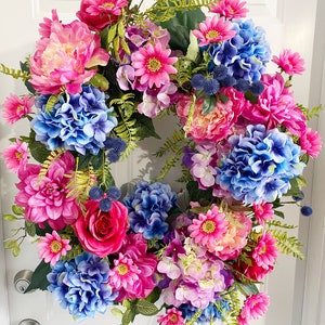 Silk Floral Wreath: Hydrangea, Peonies, Roses Grapevine Wreath