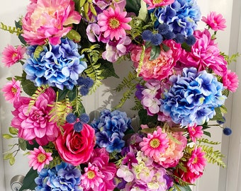 Silk Floral Wreath: Hydrangea, Peonies, Roses Grapevine Wreath