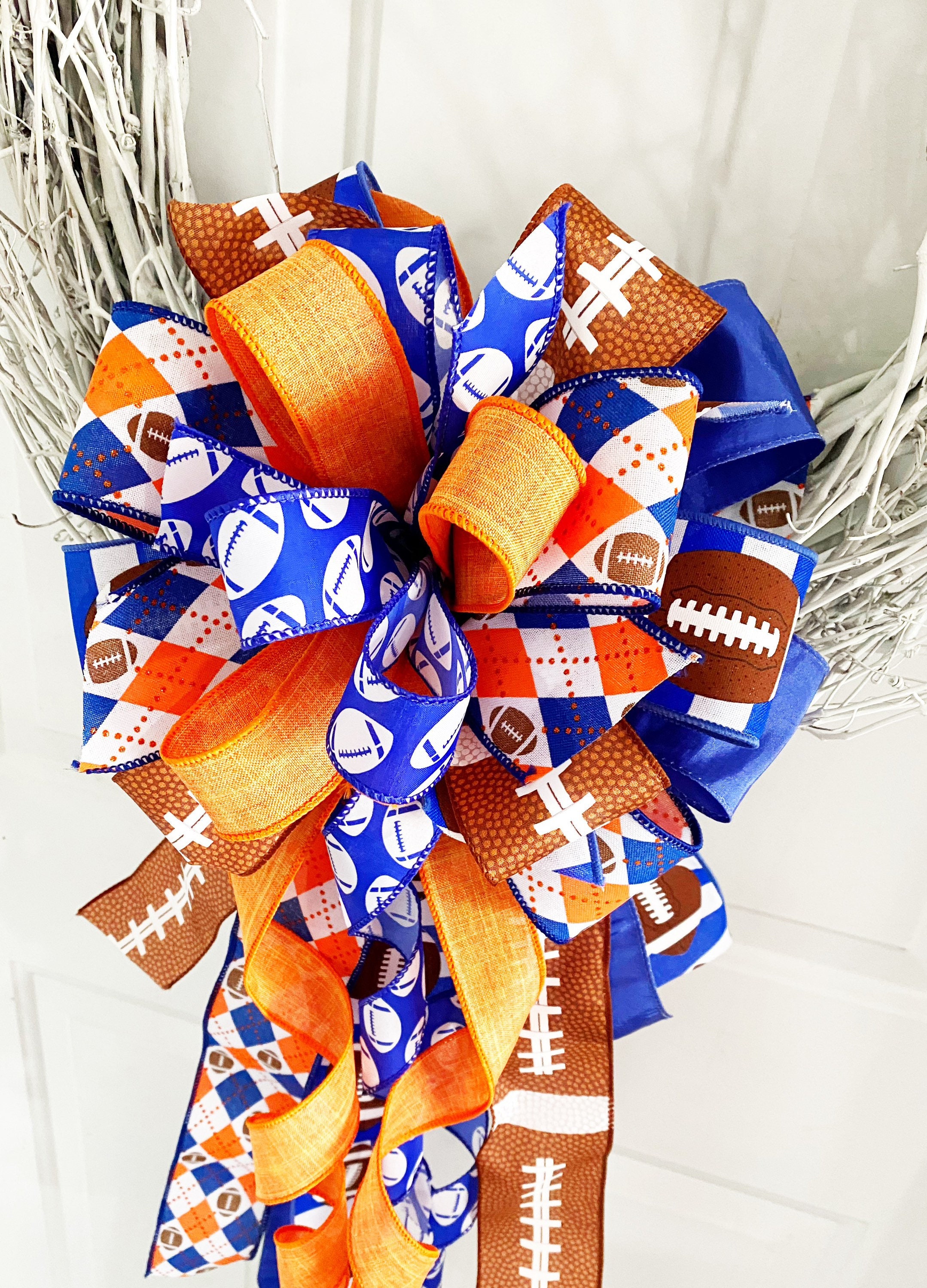 Sports Collection Orange/blue Bow,orange Bow,football Bow,  Football,decor,mailbox Bow,wreath Bow,large Bow,bow,bows 