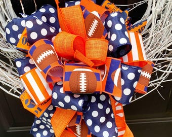 Orange and Navy Football Bow: Sports Decor, Wreath Accent