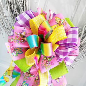 Bright Summer Bow in Purple, Yellow, and Multicolors Featuring Butterflies. Perfect for Mailbox, Door, and Wreath.