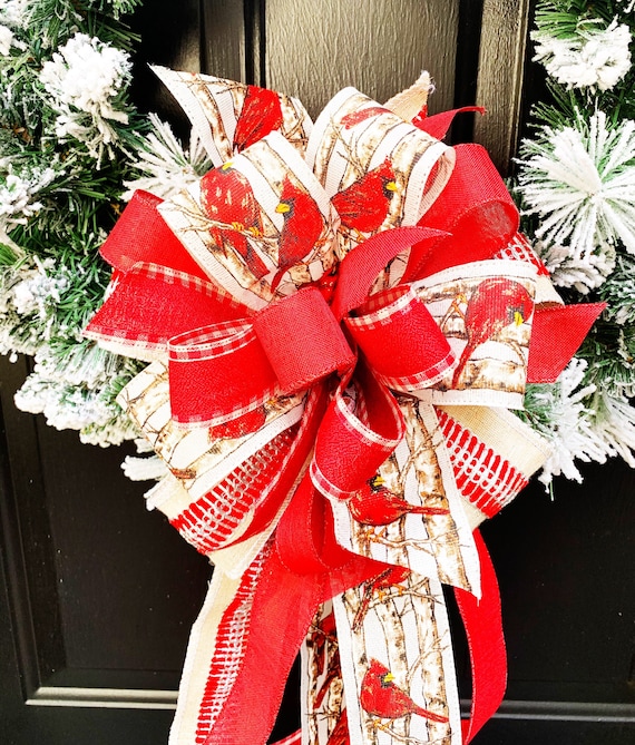 Cardinal Wreath Bow: Winter Red Bird Wired Ribbon, Handmade
