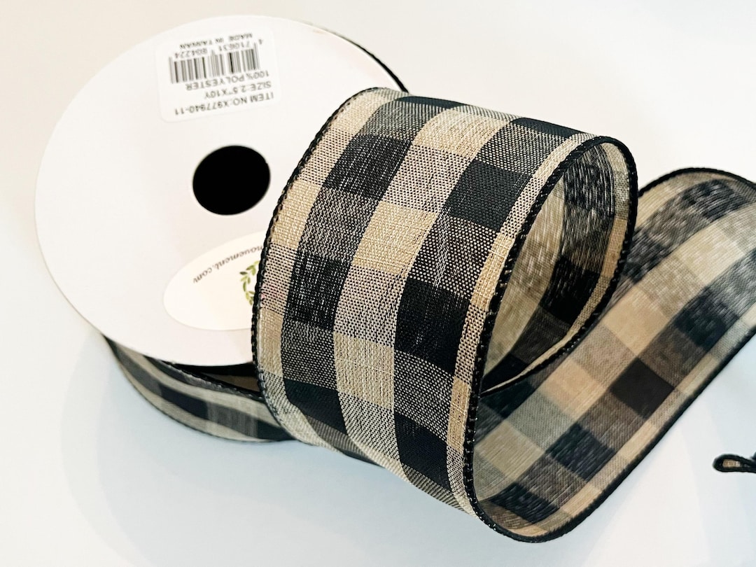 Buffalo Check Ribbon: Beige and Black Wired Craft Ribbon -2.5” X 10 ...