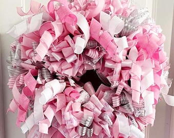 Pink Ribbon Wreath: Baby Shower Decor, Door Hanger