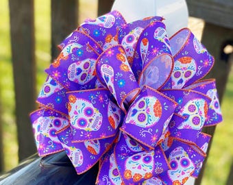 Day of the Dead Halloween Bow – Purple Sugar Skull Decor