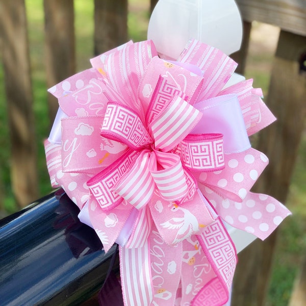 Baby Girl Bow in Pink and White, Featuring Polka Dots and Stork. Perfect for Mailbox, Door, and Wreath.