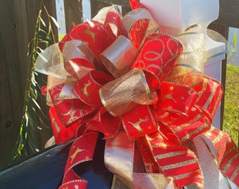 Red and Gold Christmas Bow: Reindeer Ribbon, Holiday Decor