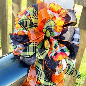 Colección de otoño: lazo de calabaza a cuadros blancos y negros, lazo de otoño, decoración de otoño, cinta de otoño, lazo de buzón, lazo de corona, lazo grande, lazo, lazos