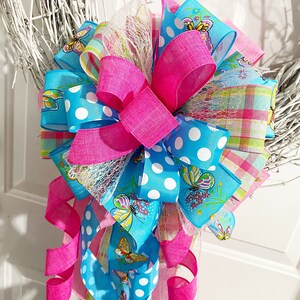 Pastel Bow with Blue Polka Dots & Plaids Featuring Butterflies. Perfect for Mailbox, Door, and Wreath.