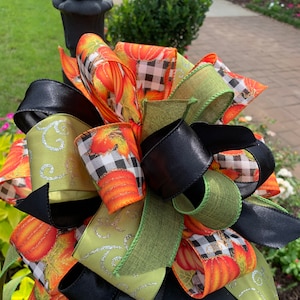 Fall Collection- Pumpkin Black/White Check Bow, Fall Bow, Fall Decor, Fall Ribbon, Mailbox Bow, Wreath Bow, Large Bow, Bow, Bows