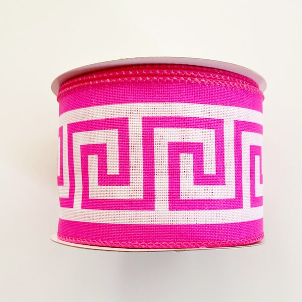 Ribbon - Pink and White Greek Key Pattern - 2.5 Inches x 10 Yards Wired Ribbon