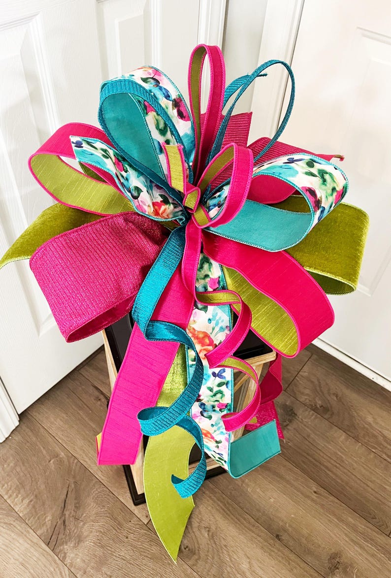 Luxury Floral Bow: Teal, Pink, and Green Wired Ribbon - Etsy