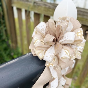 Christmas Bow in Burlap and Gold, Featuring Gold Ornaments. Perfect for Mailbox, Door, and Wreath.