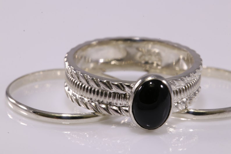 Black Onyx Ring Black Onyx Solitaire Ring Silver Sterling Silver Ring 3-Ring Set Oval Ring Stacking Ring Gemstone Ring