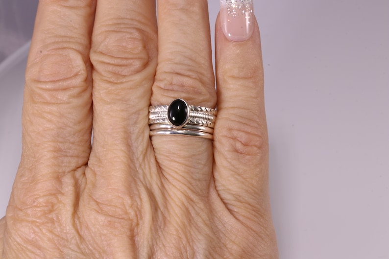 Black Onyx Ring Black Onyx Solitaire Ring Silver Sterling Silver Ring 3-Ring Set Oval Ring Stacking Ring Gemstone Ring