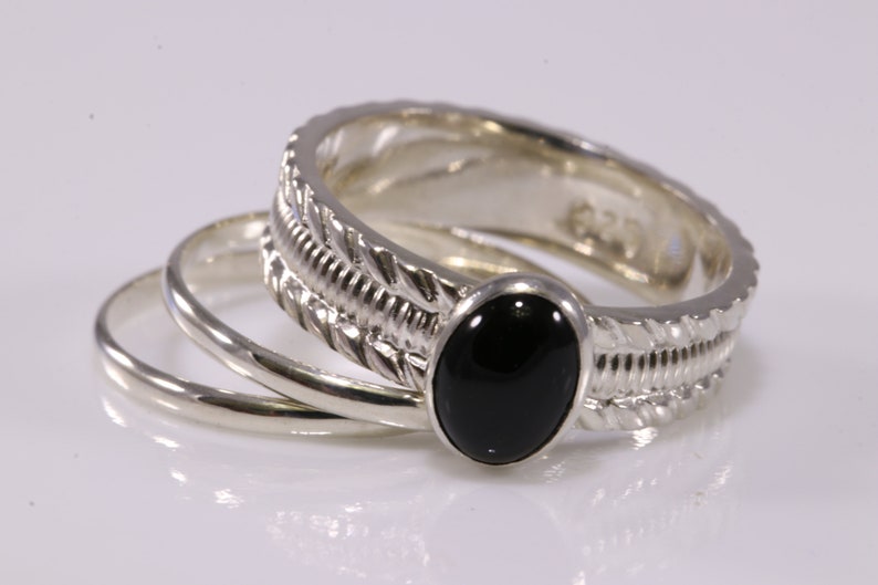 Black Onyx Ring Black Onyx Solitaire Ring Silver Sterling Silver Ring 3-Ring Set Oval Ring Stacking Ring Gemstone Ring