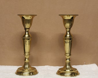 Vintage Shiny Brass Ribbed Candlestick Set