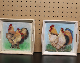 Rooster Wooden Trays Painted Rooster and Hen Farmhouse