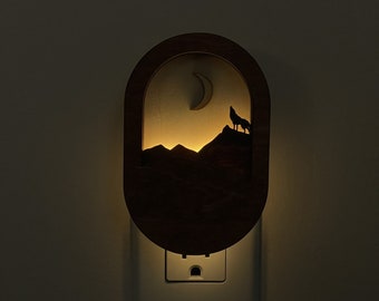 Mountain Scene Wooden Night Light: Auto-Dimming Wall Plug